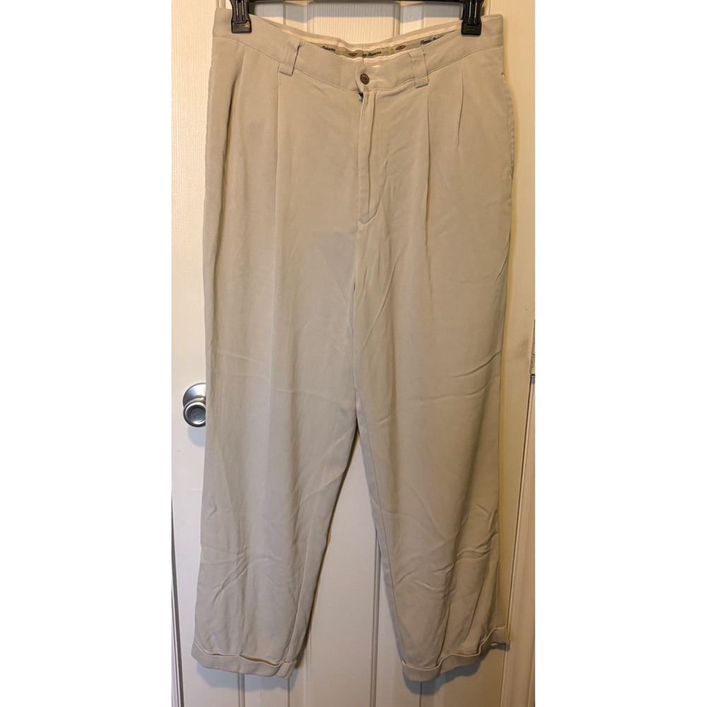 Tommy Bahama Relax Pants Men's 34 x 30 Ivory 100% Silk Vintage Pleated